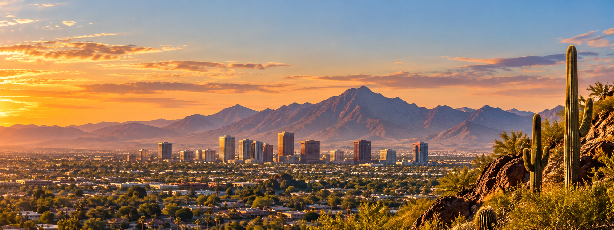 Arizona skyline at sunset with desert mountains and saguaro cactus