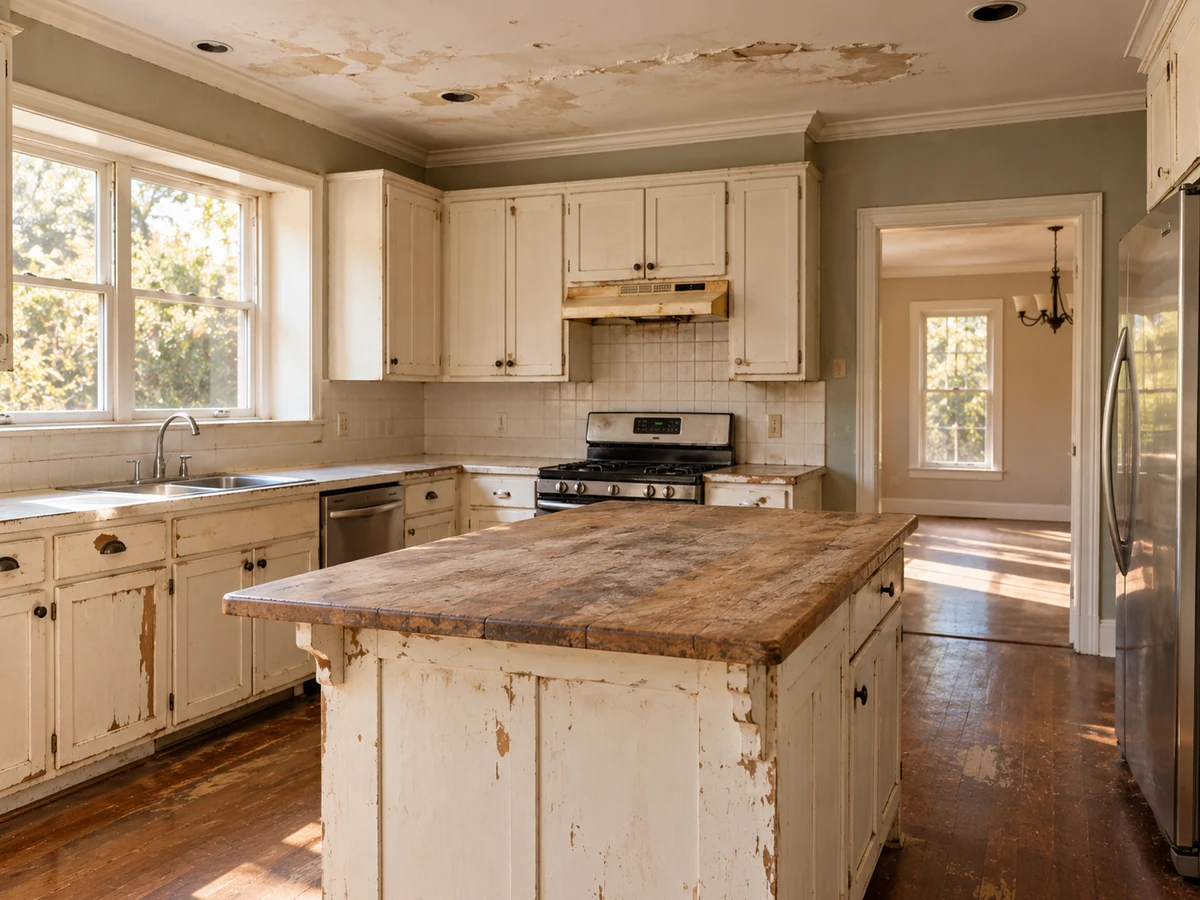 Illustrative worn kitchen with peeling paint and surfaces needing repairs.