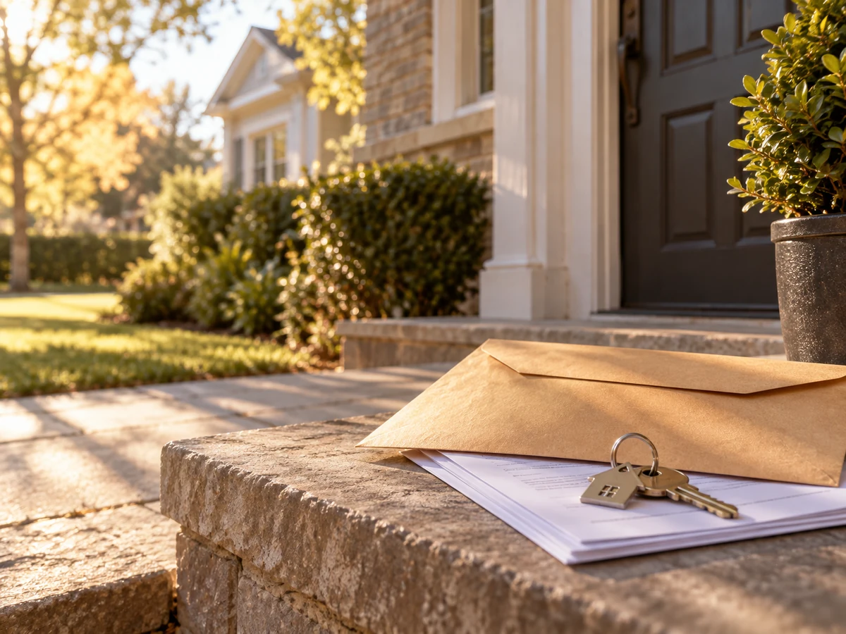 Illustrative property paperwork, an envelope and house keys on a home's front steps.
