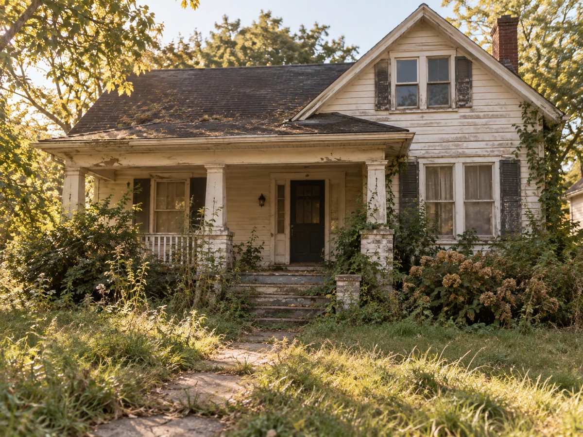 Illustrative weathered house with peeling exterior paint and an overgrown yard.